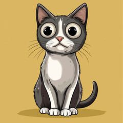 A charming cartoon cat captivates with its adorable eyes, a playful depiction of feline innocence on a soft yellow background.