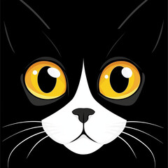 A captivating close-up of a tuxedo cat's face, its expressive golden eyes holding an endearing gaze. The sleek black and white fur is presented with bold, modern style.