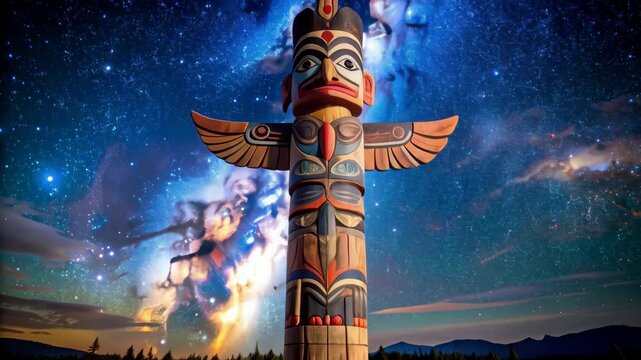 Elaborate totem pole standing tall against a stunning cosmic backdrop, showcasing the rich artistry and cultural significance of indigenous traditions.