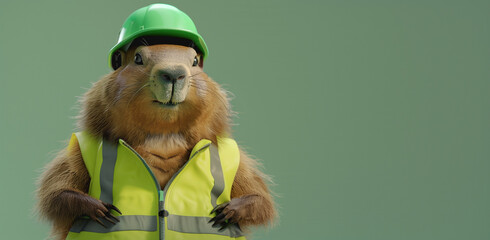  Groundhog in a bright yellow high-visibility jacket and hard hat on solid background