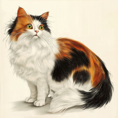 Captivating illustration of a long-haired calico cat with its distinctive tri-color coat and piercing yellow eyes, gracefully posed against a soft.