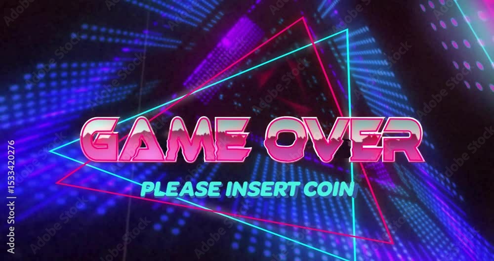 Poster neon outline pulsing, game over fading, coin prompt flickering inviting coin insertion over grid