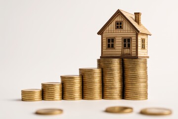 Wooden house model on growing stack of gold coins representing real estate investment growth