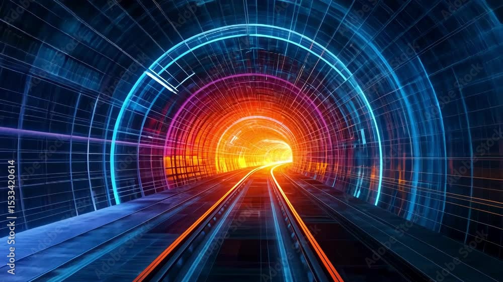 Poster abstract technology tunnel with neon grid and railway tracks leading to light, digital technology ba