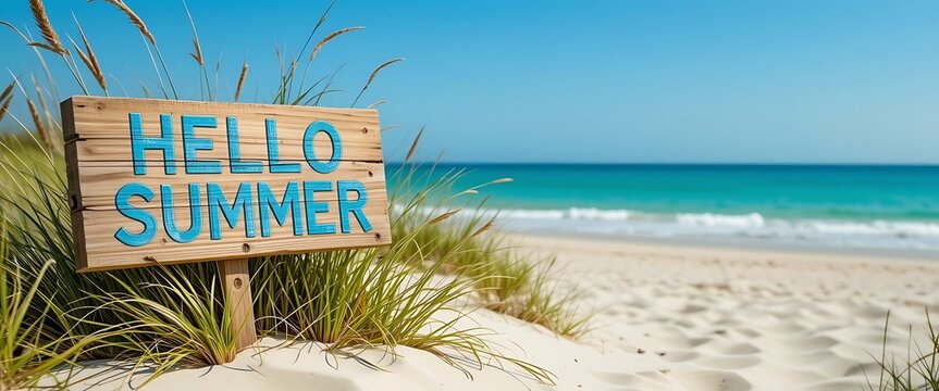 Hello Summer Sign on Sandy Beach with Ocean View