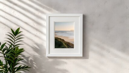 Wall art print mockup in white frame, hanging on light plaster wall, with natural shadows and clean styling
