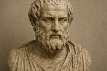 Classical marble bust of ancient Greek philosopher with weathered patina and timeless scholarly expression