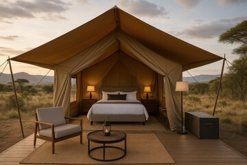Luxury safari glamping tent with modern amenities nestled in pristine wilderness landscape