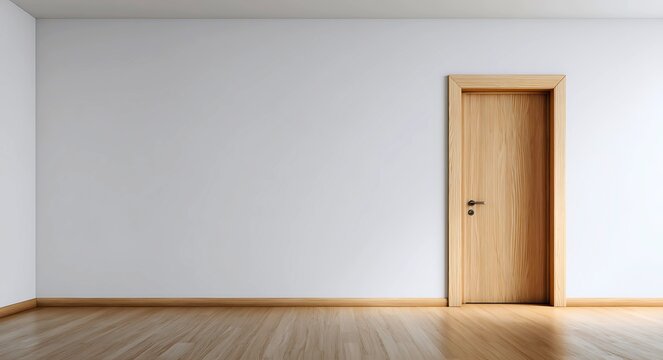 Fototapeta Minimalist interior mockup of an empty room with white walls and a natural wooden door, perfect for design presentations