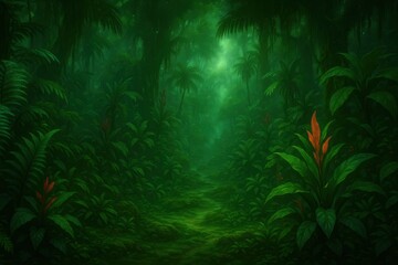 Enchanted tropical rainforest with lush green vegetation