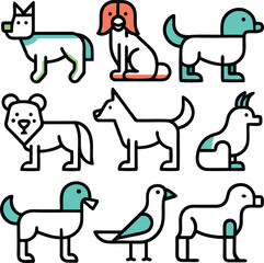 A cute and cartoon style animals collection, Dog, Cat, Fox, Duck, Birds, Bear Rabbit and more Isolated line art and colorful vector illustration with white background