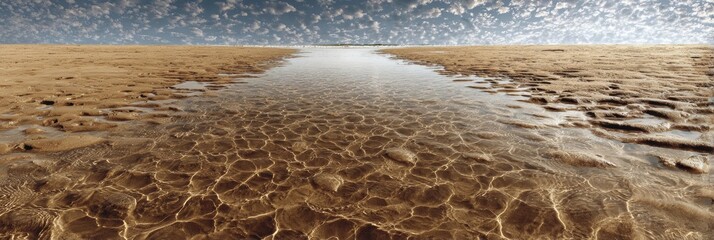 A calm, flat beach with wet sand stretches quietly under the sky. 