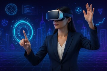Professional woman exploring metaverse virtual environment with advanced VR technology and immersive digital experience