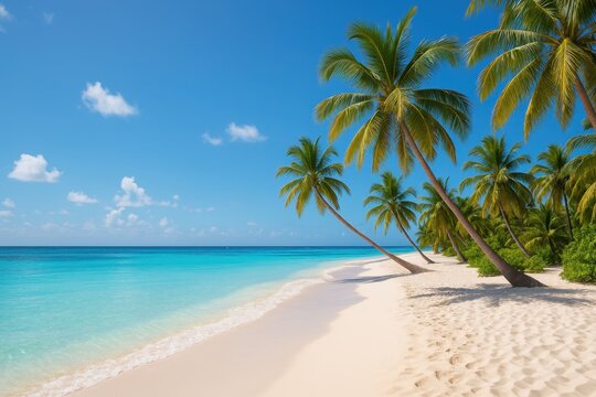 Paradise tropical beach scene with crystal clear turquoise water and swaying palm trees under perfect blue sky