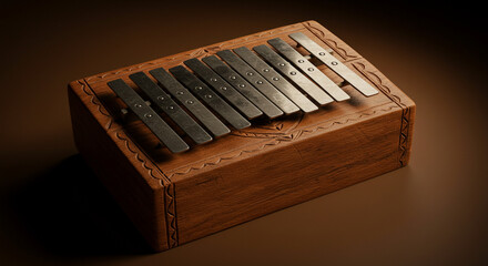 Naklejka premium Close up shot of a kalimba instrument with metal keys on a carved wooden box on brown background