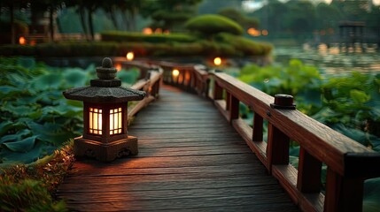 Wooden bridge by pond with lotus and lantern concept. Serene wooden path with lanterns surrounded by lush greenery.