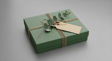 3D Green Gift Box with Kraft Tag and Eucalyptus on Grey Background – Eco-Friendly Packaging Mockup