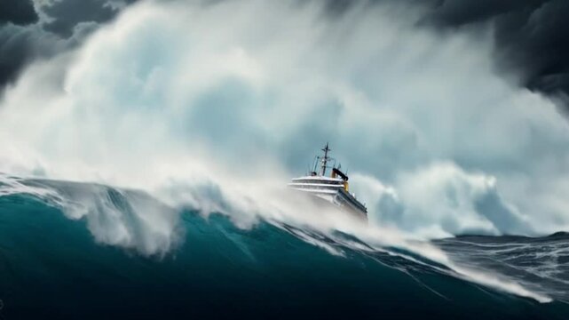 Massive waves, some appearing to be rogue waves, tower over the vessel, creating a dramatic and potentially perilous situation