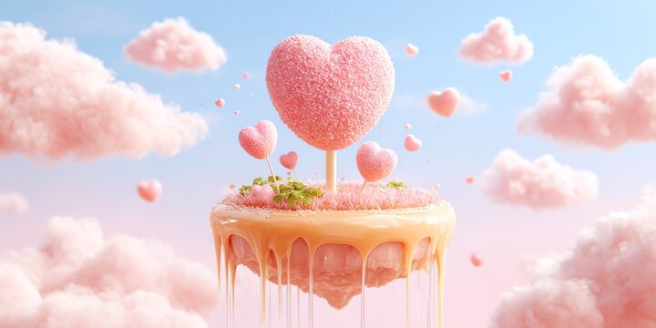 floating candy island in the sky with lollipop waterfalls and marshmallow clouds, dreamy pastel style