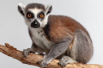 Obraz premium Ring tailed lemur portrait on a branch against white background