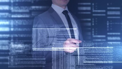 A businessman in a suit stands before a digital data overlay, gesturing. - Powered by Adobe