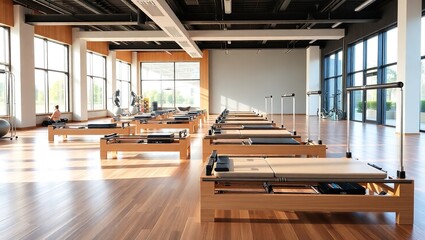 Bright interior of gym with contemporary pilates reformers placed in spacious facility for workouts.