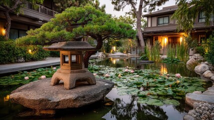 Fototapeta premium Bonsai tree for meditation with lotus and rock concept. Tranquil pond with lotus flowers and a decorative lantern.