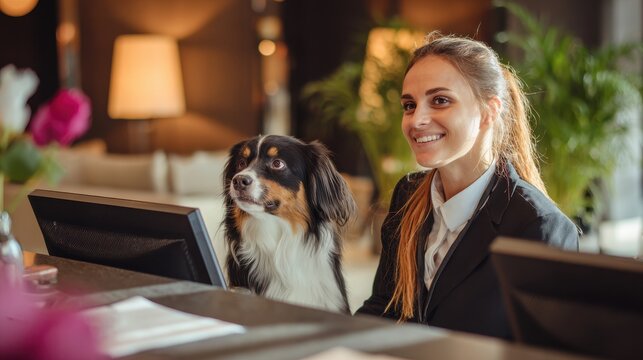 Friendly Receptionist with Dog at Modern Hotel Front Desk
