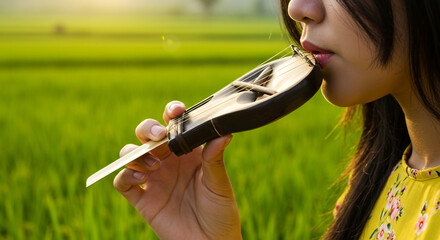 Woman playing a jaw harp in a field with a yellow shirt and green background in the sunshine
