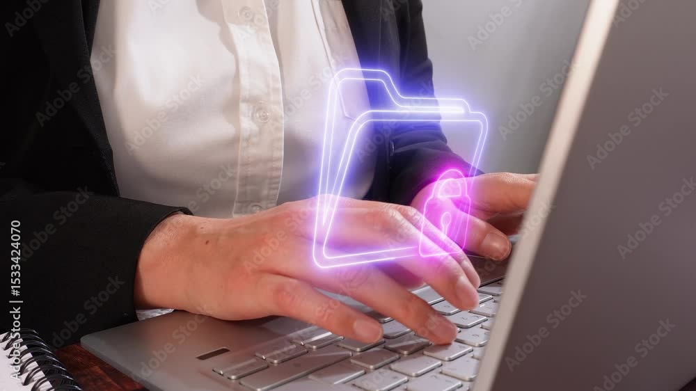 Poster a close-up of hands typing on an open laptop, with the keyboard and a virtual icon of a folder with 