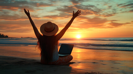 female freelancer in straw hat working on laptop, cellebrating success while sitting on the tropical sandy beach at sunset, Generative ai