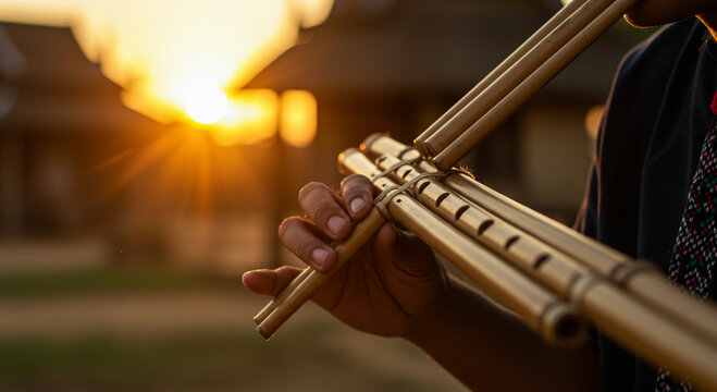 Person playing a khaen instrument with sunset in background creating a warm and peaceful atmosphere