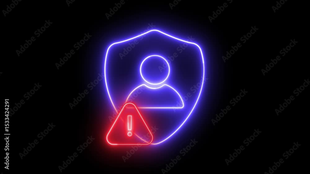 Aufkleber neon light effect animation of a shield icon with a person avatar and a warning sign.