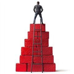 Man climbing ladder to idea; red blocks, growth  high resolution   for isolate image