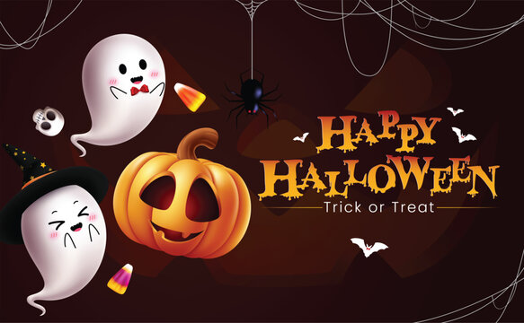 Happy Halloween greeting clipart design. Trick or treat banner template clip art for horror party celebration with ghost and pumpkin cute elements in spider web scary and creepy background vector 