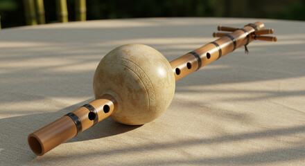 Close up of a stringed musical instrument with a round body and a long neck on a table surface