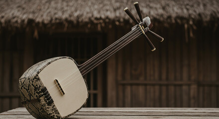 Close up of a shamisen on a wooden surface with a blurred building in the background outdoors