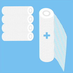 Sterile gauze rolls, available in rolls,
used for wounds and doctor care,
first aid medical equipment included,
wound dressing, flat design style.