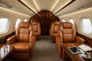 Fototapeta premium Luxurious Private Jet Interior with Premium Leather Seating and Contemporary Aviation Design Elements