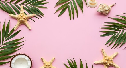 Arrangement of Palm Leaves, Starfish and Seashells on Pink Background