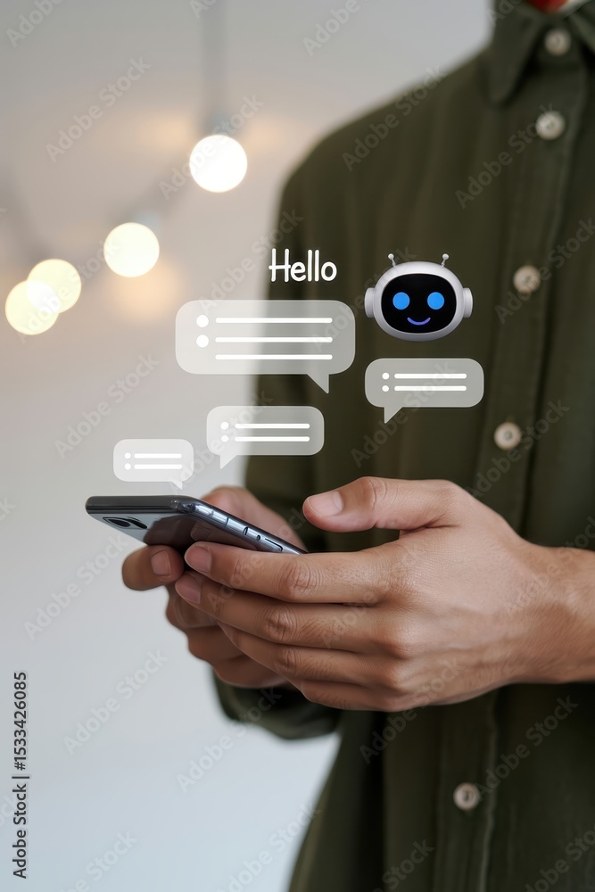 Poster person holding a smartphone with an overlay of chat messages and a robot icon.