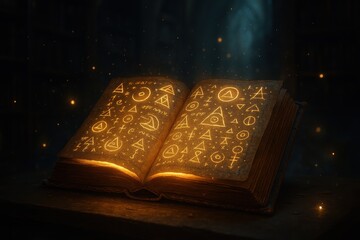 Fototapeta premium Mystical Ancient Tome with Glowing Pages and Magical Runes in Atmospheric Library Setting