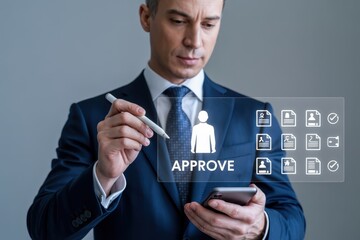 Businessman using a digital pen to approve a document on a smartphone.