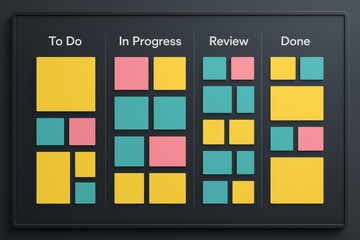 Obraz na płótnie Canvas Strategic project management board with colorful digital sticky notes arranged in agile workflow columns