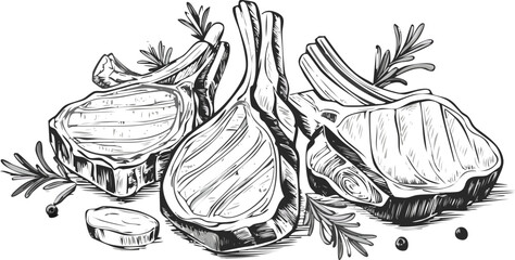 Hand-Drawn Lamb Steak Sketch Collection &ndash; Vintage Meat Cuts Illustration for Butchery and Culinary Design