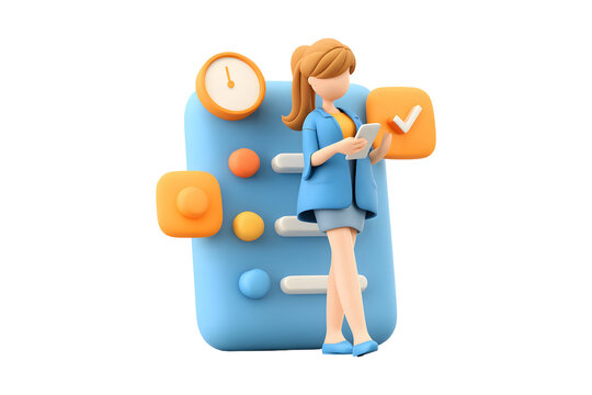 3D cartoon woman using mobile app for task management and schedule planning