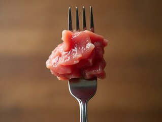 A fork with raw meat on it.