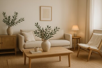 Scandinavian Minimalist Living Room with Natural Wood Accents Olive Branch Arrangements and Cozy Reading Corner