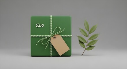 Minimalist 3D Green Gift Box with Kraft Label and Leaf Accent on Grey Background