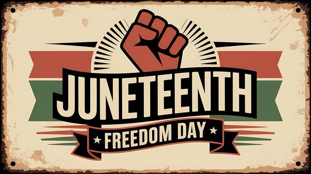 Celebrate Juneteenth Freedom Day with this vintage-style design featuring a raised fist and patriotic colors perfect for posters and social media.